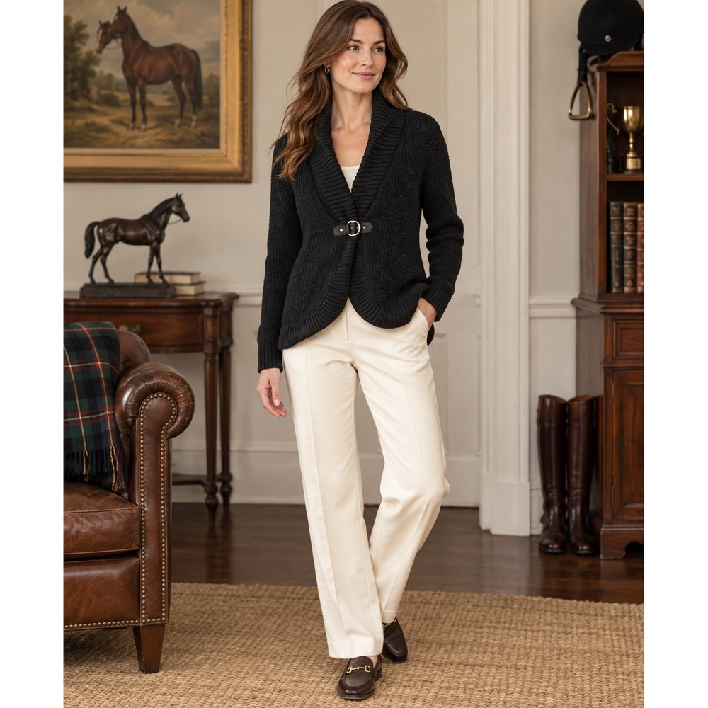 Lauren Ralph Lauren Buckle Cardigan L Black Shawl Collar Heritage Preppy